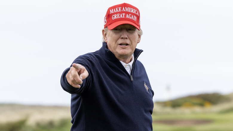 Donald Trump pointing in a MAGA hat