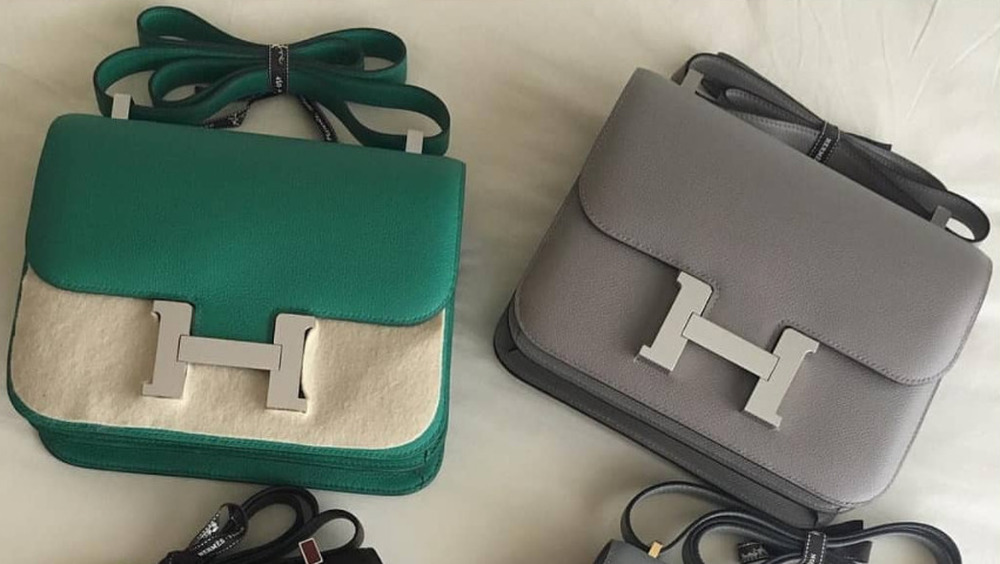 Two Hermes Birkin bags one green one grey 