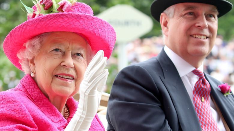 Queen Elizabeth and Prince Andrew smile
