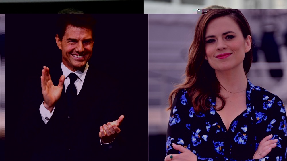 Tom Cruise waving and Hayley Atwell smiling