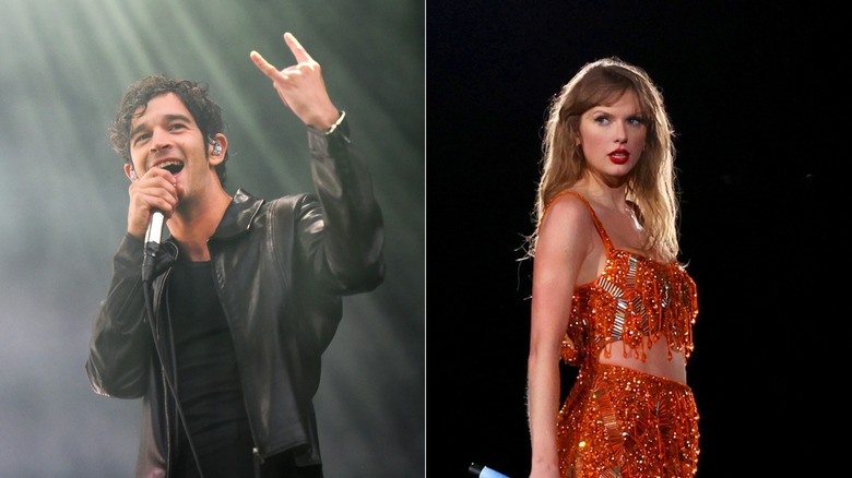 split image of Matty Healy and Taylor Swift performing