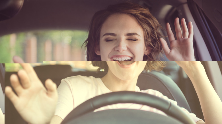 Woman driving and listening to entertaining media