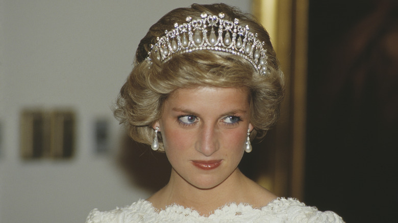 Princess Diana in white gown and tiara