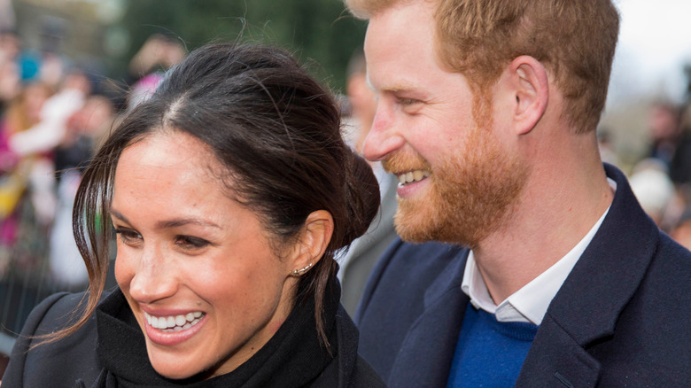 Meghan Markle and Prince Harry smiling in profile