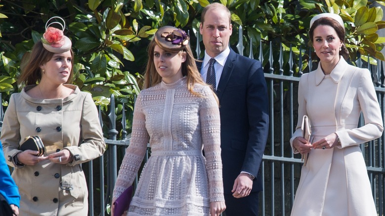 Princess Eugenie, Princess Beatrice, Prince William, Kate Middleton walking