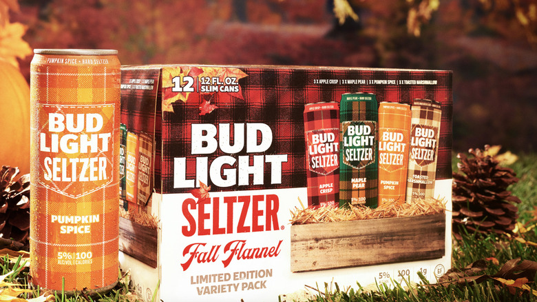 Bud Light's Fall Flannel Seltzers, which include Toasted Marshmallow, Maple Pear, Apple Crisp, and Pumpkin Spice