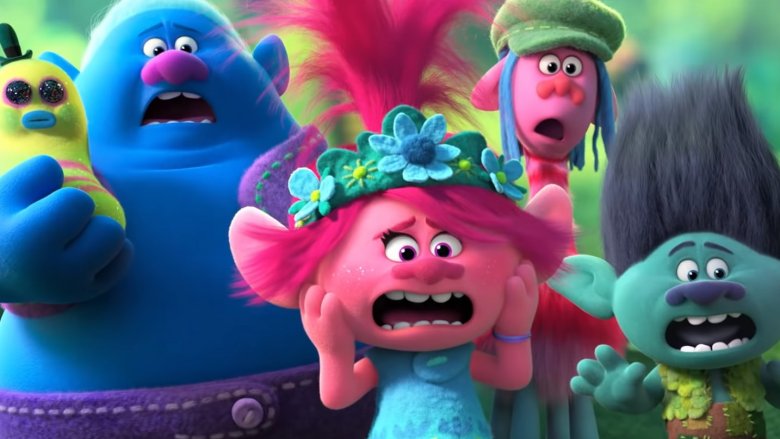 Poppy, Branch, and other characters from Trolls World Tour