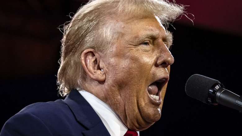 Donald Trump yelling into microphone