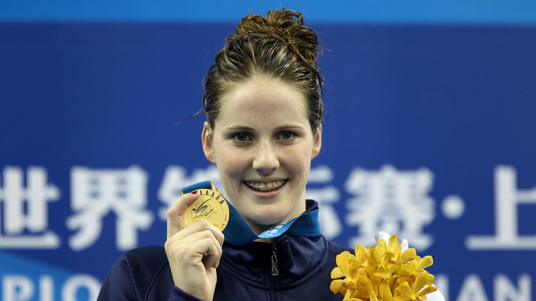 Missy Franklin smiling on the Olympic podium